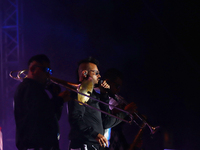 Arturo Ruelas, known as ''Pinocho,'' vocalist of the Los Estramboticos band, performs during the ''Hasta Siempre Presidente Fest'' at the Mo...