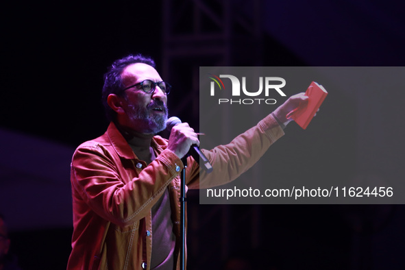 Fernando Rivera Calderon performs during the ''Hasta Siempre Presidente Fest'' at the Monumento to the Revolution in Mexico City, Mexico, on...