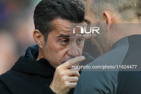 Marco Silva, manager of Fulham, has words with the fourth official ahead of the Premier League match between Nottingham Forest and Fulham at...