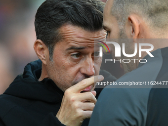 Marco Silva, manager of Fulham, has words with the fourth official ahead of the Premier League match between Nottingham Forest and Fulham at...