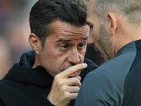 Marco Silva, manager of Fulham, has words with the fourth official ahead of the Premier League match between Nottingham Forest and Fulham at...