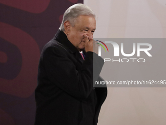 Andres Manuel Lopez Obrador, President of Mexico, during his last press conference in Mexico City, Mexico, on September 30, 2024, at the Nat...