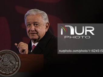 Andres Manuel Lopez Obrador, President of Mexico, during his last press conference in Mexico City, Mexico, on September 30, 2024, at the Nat...