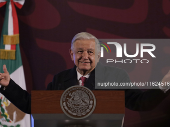 Andres Manuel Lopez Obrador, President of Mexico, during his last press conference in Mexico City, Mexico, on September 30, 2024, at the Nat...