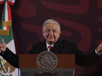 Andres Manuel Lopez Obrador, President of Mexico, during his last press conference in Mexico City, Mexico, on September 30, 2024, at the Nat...