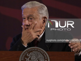 Andres Manuel Lopez Obrador, President of Mexico, during his last press conference in Mexico City, Mexico, on September 30, 2024, at the Nat...