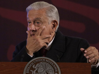 Andres Manuel Lopez Obrador, President of Mexico, during his last press conference in Mexico City, Mexico, on September 30, 2024, at the Nat...