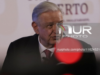 Andres Manuel Lopez Obrador, President of Mexico, during his last press conference in Mexico City, Mexico, on September 30, 2024, at the Nat...