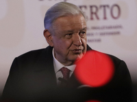 Andres Manuel Lopez Obrador, President of Mexico, during his last press conference in Mexico City, Mexico, on September 30, 2024, at the Nat...