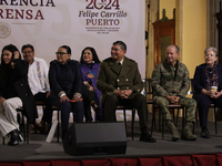 The cabinet of Andres Manuel Lopez Obrador, President of Mexico, accompanies him during his last press conference at the National Palace in...