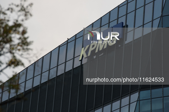 British multinational professional services network KPMG signage is pictured in Warsaw, Poland on September 28, 2024. 