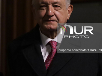 Andres Manuel Lopez Obrador, President of Mexico, during his last press conference in Mexico City, Mexico, on September 30, 2024, at the Nat...