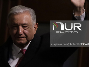 Andres Manuel Lopez Obrador, President of Mexico, says goodbye during his last press conference in Mexico City, Mexico, on September 30, 202...