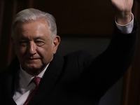 Andres Manuel Lopez Obrador, President of Mexico, says goodbye during his last press conference in Mexico City, Mexico, on September 30, 202...