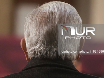 Andres Manuel Lopez Obrador, President of Mexico, says goodbye during his last press conference in Mexico City, Mexico, on September 30, 202...