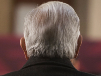 Andres Manuel Lopez Obrador, President of Mexico, says goodbye during his last press conference in Mexico City, Mexico, on September 30, 202...