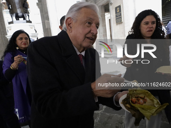 Andres Manuel Lopez Obrador, President of Mexico, meets journalists for breakfast at the end of his last press conference in Mexico City, Me...