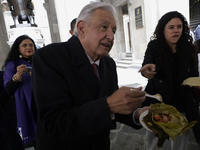 Andres Manuel Lopez Obrador, President of Mexico, meets journalists for breakfast at the end of his last press conference in Mexico City, Me...