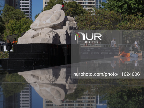 Visitors gather at the newly inaugurated Spirit Garden to observe National Day for Truth and Reconciliation in Toronto, Canada, on September...