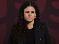 Luisa Maria Alcalde, Secretary of the Interior, accompanies Andres Manuel Lopez Obrador, President of Mexico, during his last press conferen...