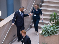 James Cleverly MP with his aides at the Conservative Party Conference at the International Conference Centre in Birmingham, United Kingdom,...