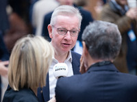 Michael Gove is interviewed by The News Agents' podcast's Emily Maitlis and Jon Sopel at the Conservative Party Conference at the Internatio...