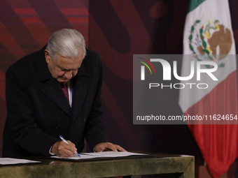 Andres Manuel Lopez Obrador, President of Mexico, during his last press conference in Mexico City, Mexico, on September 30, 2024, at the Nat...