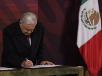 Andres Manuel Lopez Obrador, President of Mexico, during his last press conference in Mexico City, Mexico, on September 30, 2024, at the Nat...