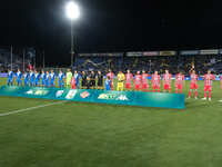 US Cremonese and Brescia Calcio FC line up before the kick-off during the Italian Serie B soccer championship match between Brescia Calcio F...