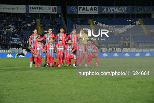 US Cremonese line up before the kick-off during the Italian Serie B soccer championship match between Brescia Calcio FC and US Cremonese at...