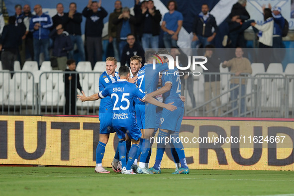 Brescia Calcio FC celebrates after scoring a goal during the Italian Serie B soccer championship football match between Brescia Calcio FC an...