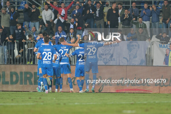 Brescia Calcio FC celebrates after scoring a third goal in the Italian Serie B soccer championship match between Brescia Calcio FC and US Cr...