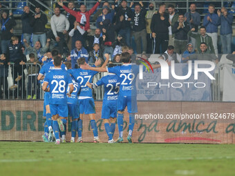 Brescia Calcio FC celebrates after scoring a third goal in the Italian Serie B soccer championship match between Brescia Calcio FC and US Cr...