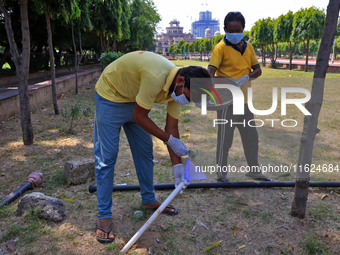 Workers use pesticides at a burrow to get rid of rats during a two-day campaign by Jaipur Development Authority to wipe out rodents at Alber...