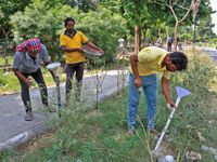 Workers use pesticides at a burrow to get rid of rats during a two-day campaign by Jaipur Development Authority to wipe out rodents at Alber...