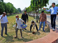 Workers use pesticides at a burrow to get rid of rats during a two-day campaign by Jaipur Development Authority to wipe out rodents at Alber...