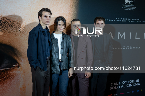 Actors Francesco Gheghi, Barbara Ronchi, Francesco Di Leva, and Marco Cicalese attend the ''Familia'' photocall at Cinema Adriano in Rome, I...