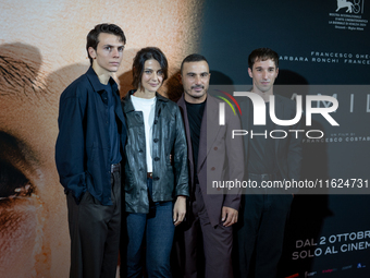 Actors Francesco Gheghi, Barbara Ronchi, Francesco Di Leva, and Marco Cicalese attend the ''Familia'' photocall at Cinema Adriano in Rome, I...