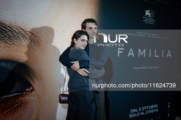 Actors Francesco Gheghi and Tecla Insolia attend the ''Familia'' photocall at Cinema Adriano in Rome, Italy, on September 30, 2024. 