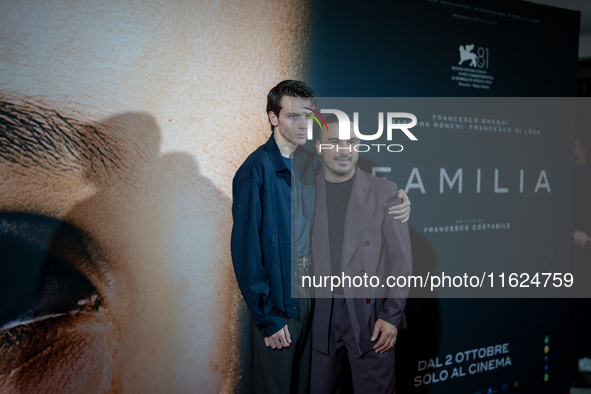 Actors Francesco Gheghi and Francesco Di Leva attend the ''Familia'' photocall at Cinema Adriano in Rome, Italy, on September 30, 2024. 