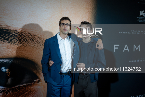 Actor Francesco Gheghi and a guest attend the ''Familia'' photocall at Cinema Adriano in Rome, Italy, on September 30, 2024. 