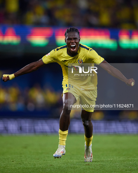 Thierno Barry of Villarreal CF celebrates after scoring the team's second goal during the LaLiga EA Sports match between Villarreal CF and U...