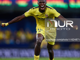 Thierno Barry of Villarreal CF celebrates after scoring the team's second goal during the LaLiga EA Sports match between Villarreal CF and U...