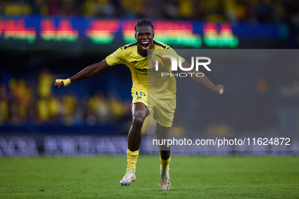 Thierno Barry of Villarreal CF celebrates after scoring the team's second goal during the LaLiga EA Sports match between Villarreal CF and U...