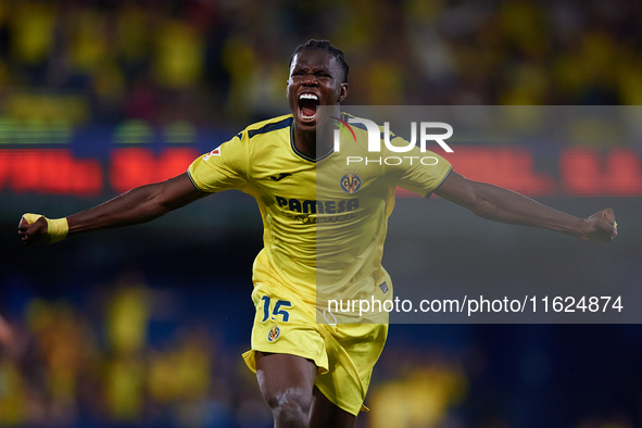 Thierno Barry of Villarreal CF celebrates after scoring the team's second goal during the LaLiga EA Sports match between Villarreal CF and U...