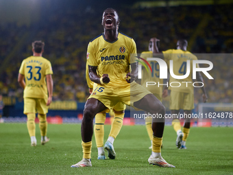 Thierno Barry of Villarreal CF celebrates after scoring the team's second goal during the LaLiga EA Sports match between Villarreal CF and U...