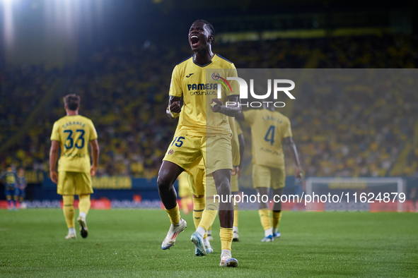 Thierno Barry of Villarreal CF celebrates after scoring the team's second goal during the LaLiga EA Sports match between Villarreal CF and U...