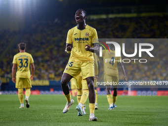 Thierno Barry of Villarreal CF celebrates after scoring the team's second goal during the LaLiga EA Sports match between Villarreal CF and U...