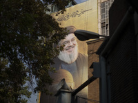 A giant banner featuring a portrait of Lebanon's Hezbollah Secretary General, Hassan Nasrallah, who was killed in an Israeli air strike in t...