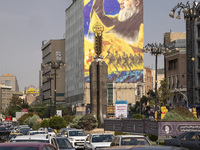 A giant banner featuring a portrait of Lebanon's Hezbollah Secretary General, Hassan Nasrallah, who was killed in an Israeli air strike in t...